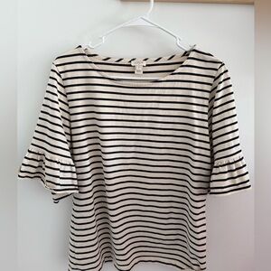 J.crew Cream & Navy Ruffle Bell Sleeve Striped Crew Neck Cotton Shirt